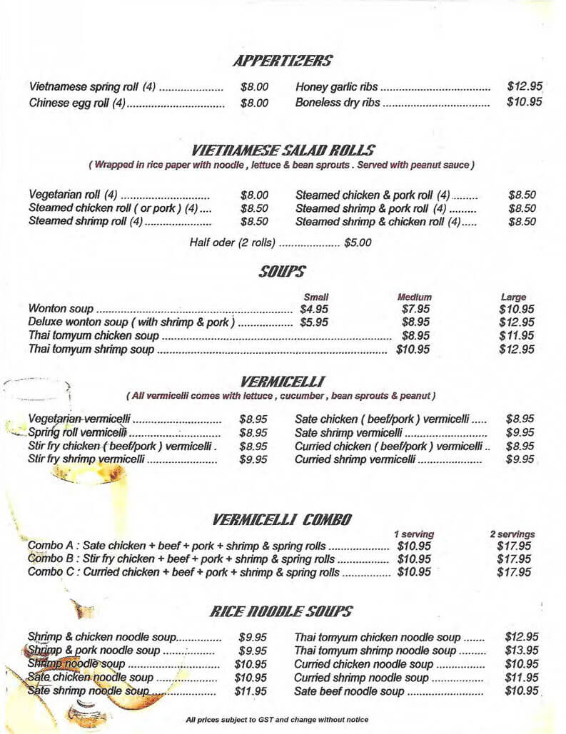 Asian Le Restaurant menu