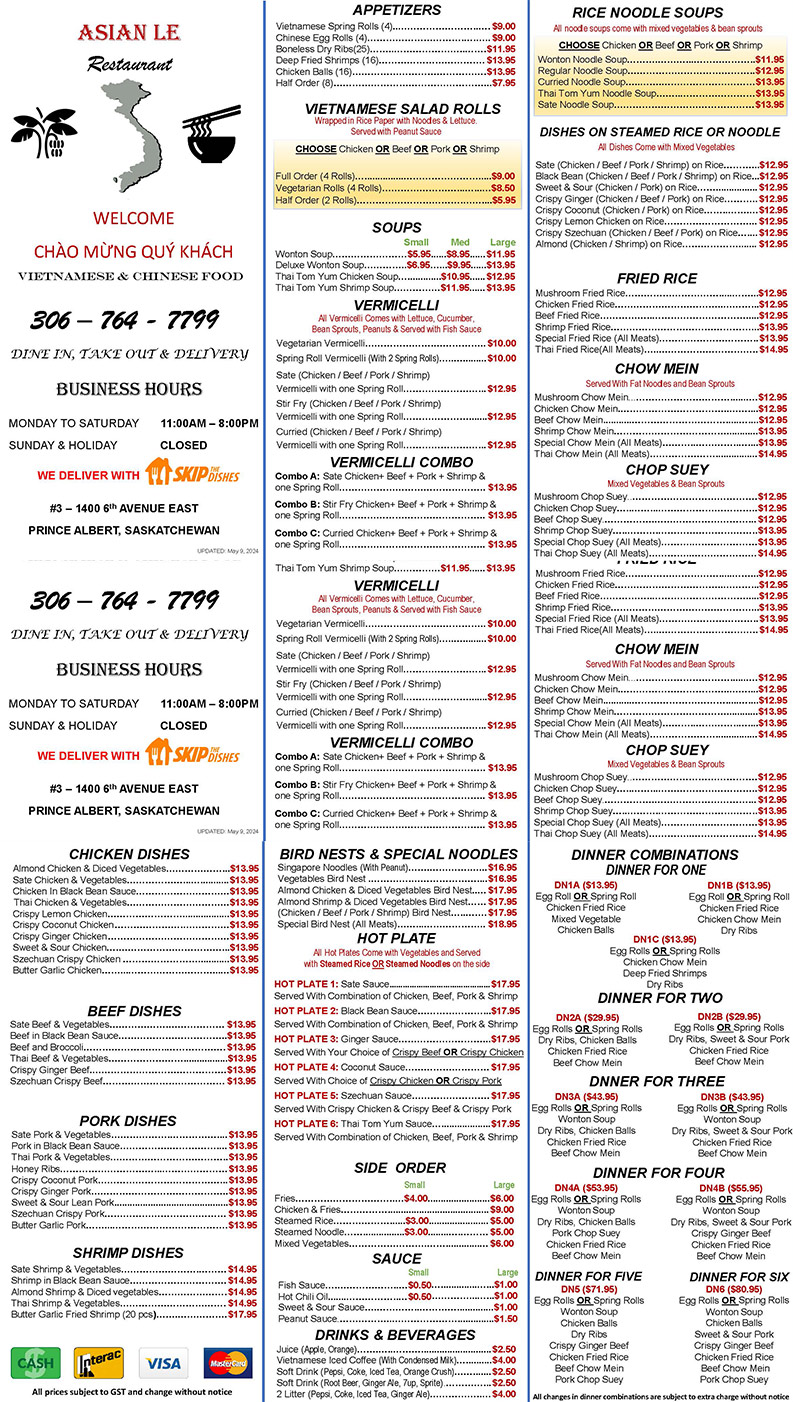 Asian Le Restaurant menu